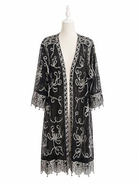 Sheer Black Embroidered Long Jacket Duster | Size 24/Chesca